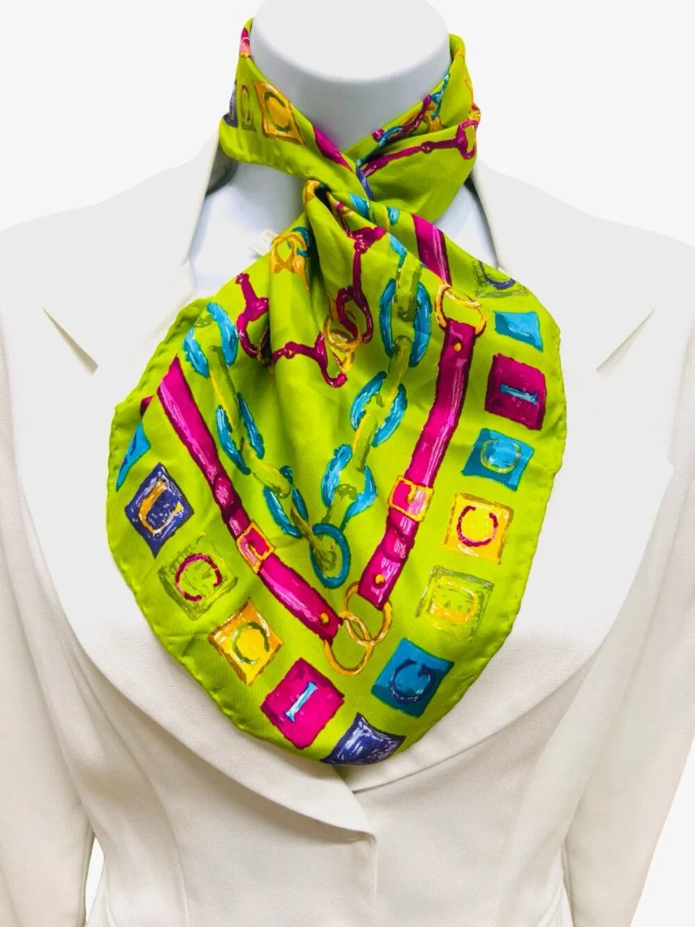 GORGEOUS MINI GUCCI SILK SCARF Green Purple yellow chain Made in Italy (19)